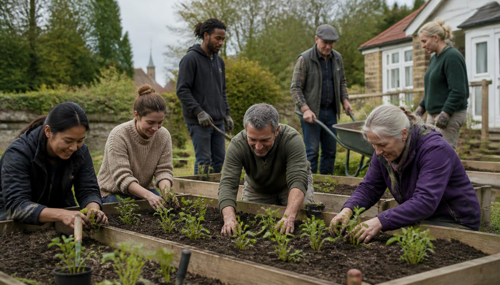 Neighbours of different ages planting vegetables together in raised beds beside a village hall