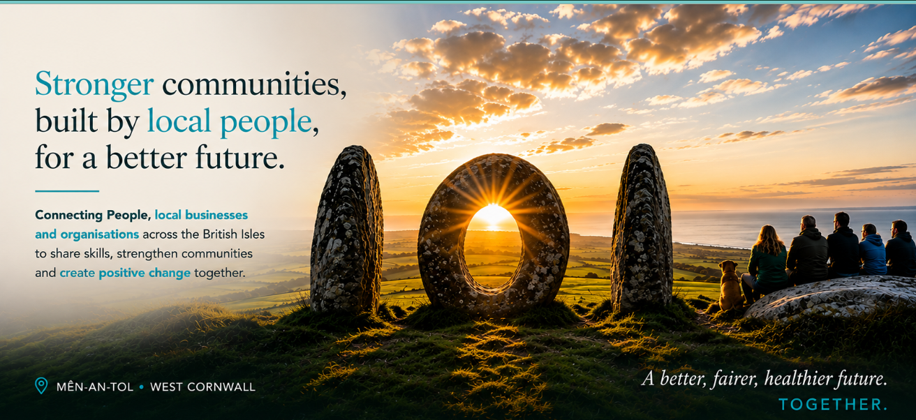 Mên-an-Tol standing stones in West Cornwall at sunset, with people sitting together on the headland