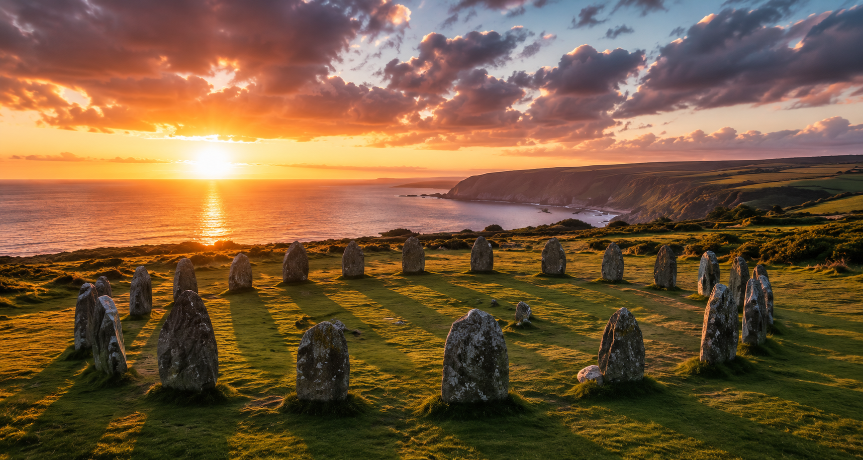 A circle of standing stones on a coastal headland at sunset