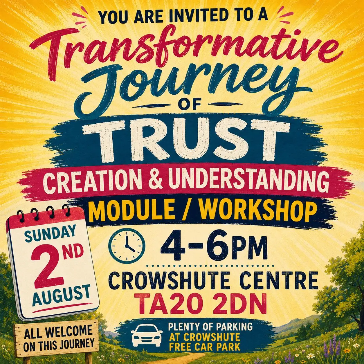 You are invited to a transformative journey of trust creation and understanding module and workshop, Sunday 2nd August, 4 to 6pm, Crowshute Centre TA20 2DN, all welcome, plenty of parking at Crowshute free car park