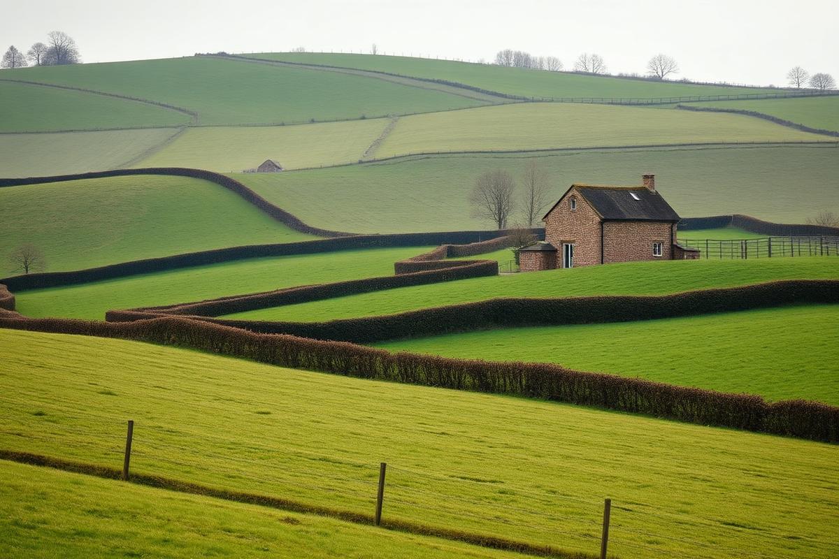 Rolling farmland with hedgerows