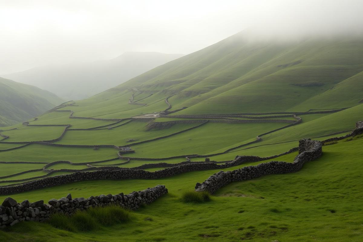 Green valley with dry stone walls and misty hills